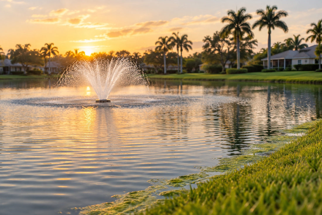 Floating Aerating Fountain Spraying Over A Greenedged Florida Community Lake Lined With Homes And Palm Trees At Sunrise