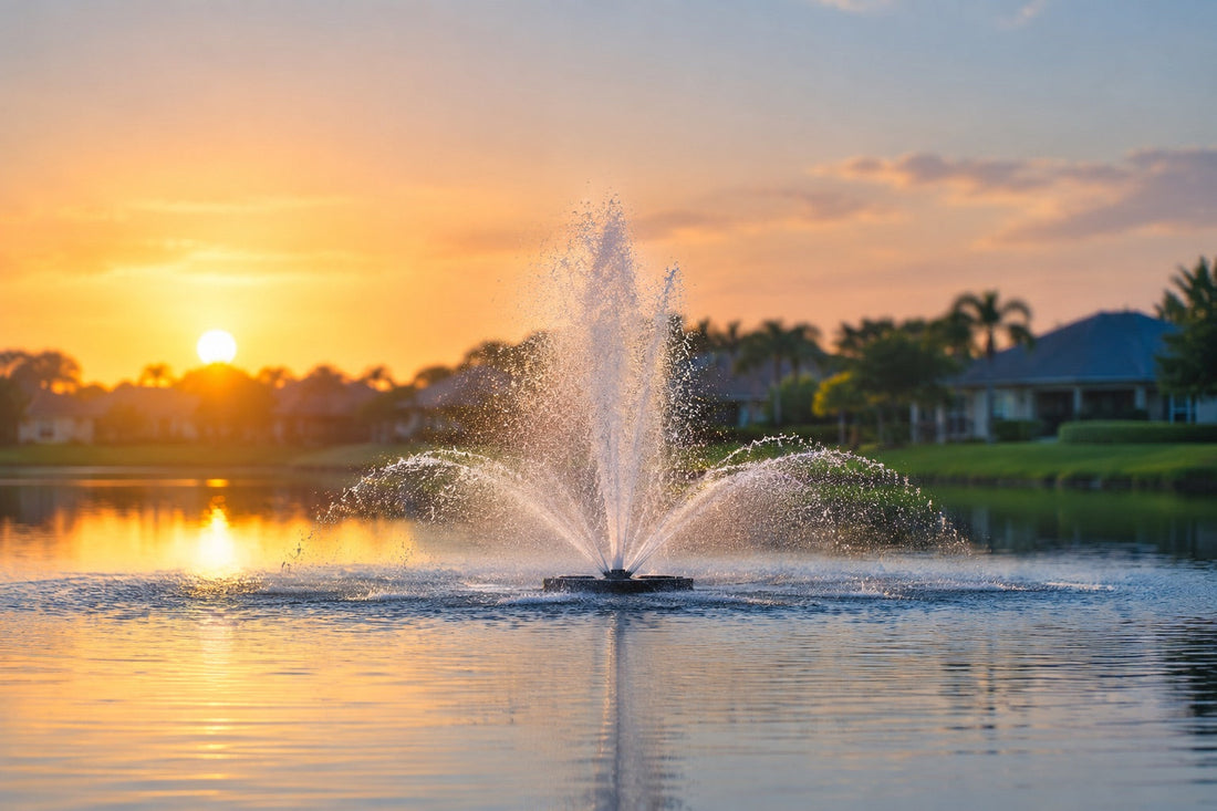 AquaMaster floating lake fountain spraying over an HOA retention pond at sunrise