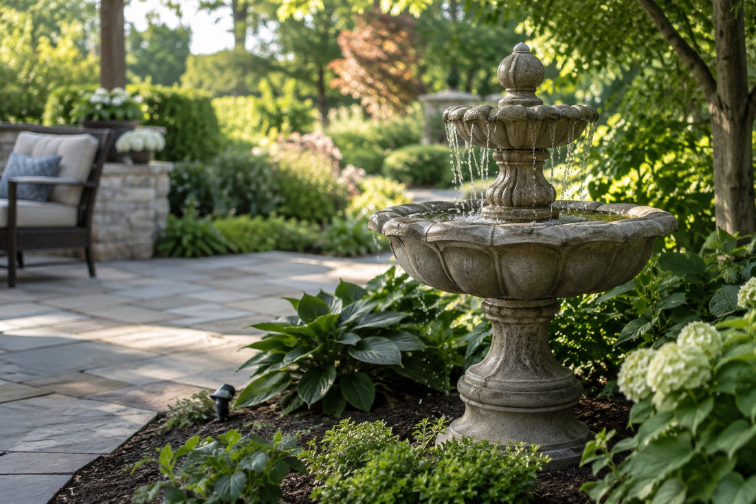 Cast stone tiered fountain set in a partly shaded garden bed beside a stone pati