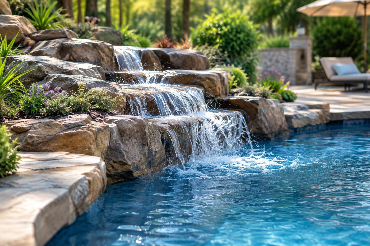 Engineered rock cascade waterfall stepping water down several uneven ledges into