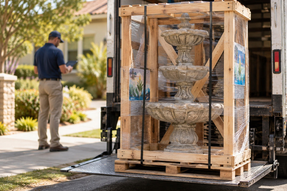 Freight truck at a residential curb with its liftgate lowering a crated three-ti