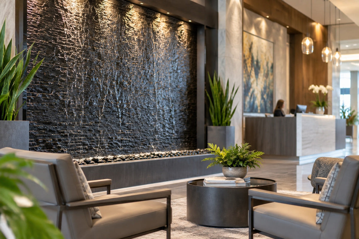 Modern office lobby with a slate water wall behind a reception desk and waiting 