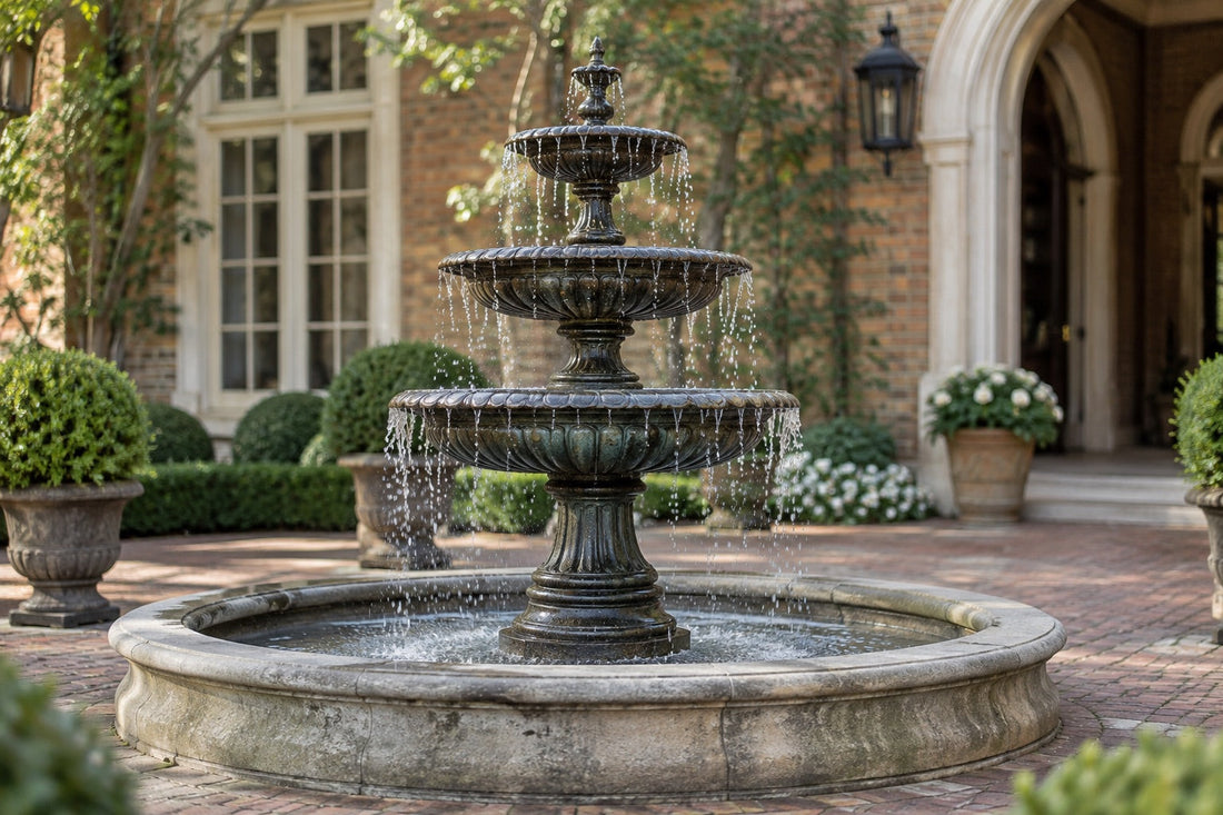 Three Tier Cast Iron Fountain Standing In A Wide Groundlevel Basin At The Center Of A Brick Estate Courtyard Water Sheeting Off Each Bowl