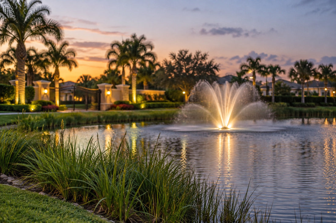 Florida Hoa Entrance Retention Pond With A Lighted Lake Fountain At Dusk A Planted Native Shoreline And The Community Gate Sign In The Background