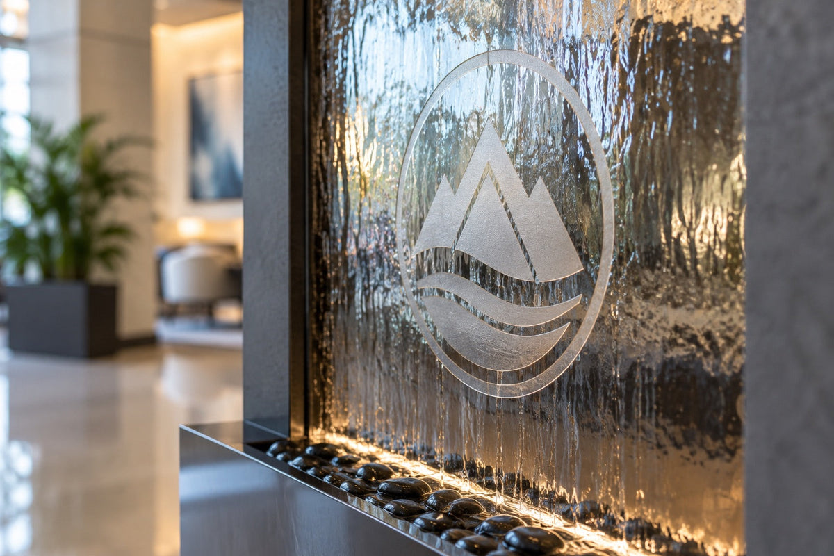 Close View Of An Etched Company Logo On A Mirror Panel Of An Adagio Indoor Wall Fountain With Water Running Over It