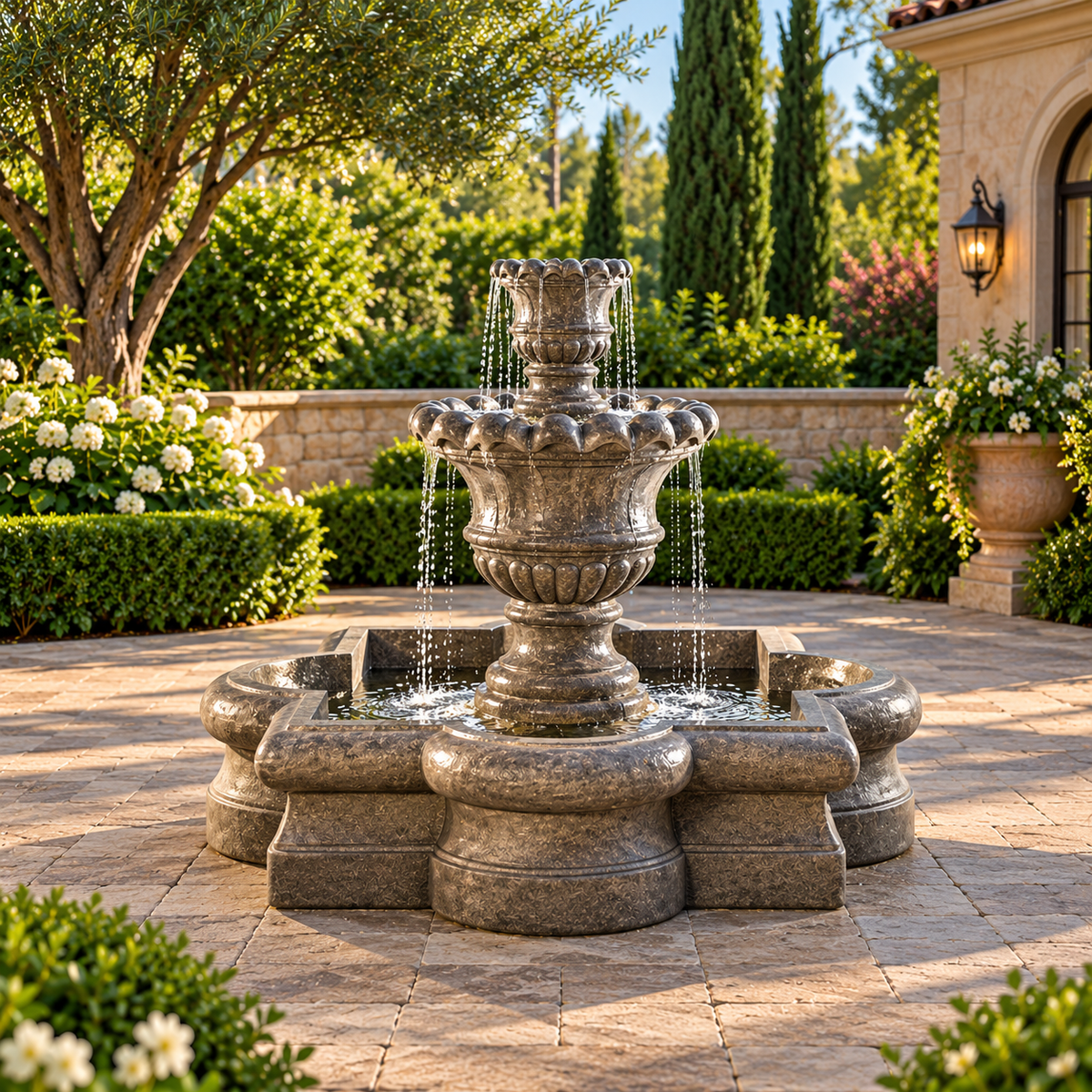 Fiore Scallop Urn Fountain w/Quatrefoil Basin