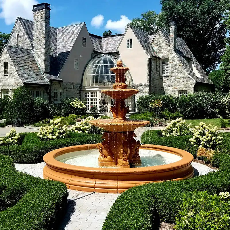 Fiore Three Tier Cavalli Estate Fountain with the 16 foot Bracci Basin
