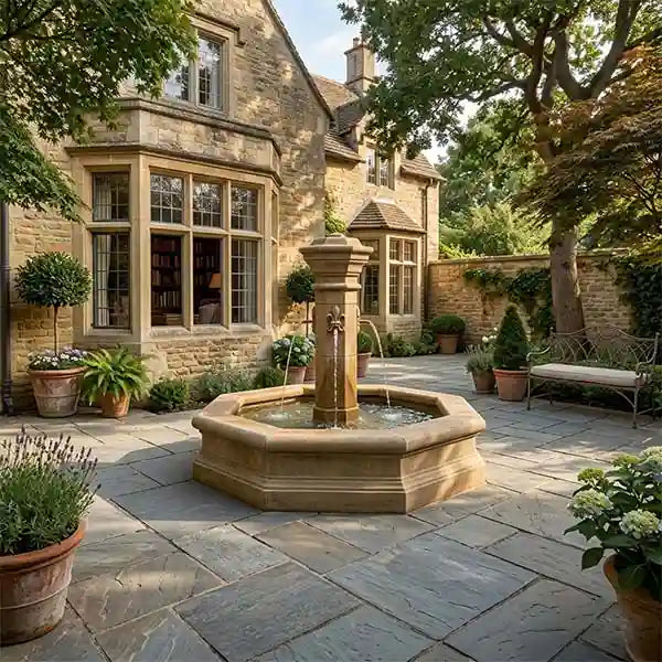 Courtyard quatrefoil basin fountain