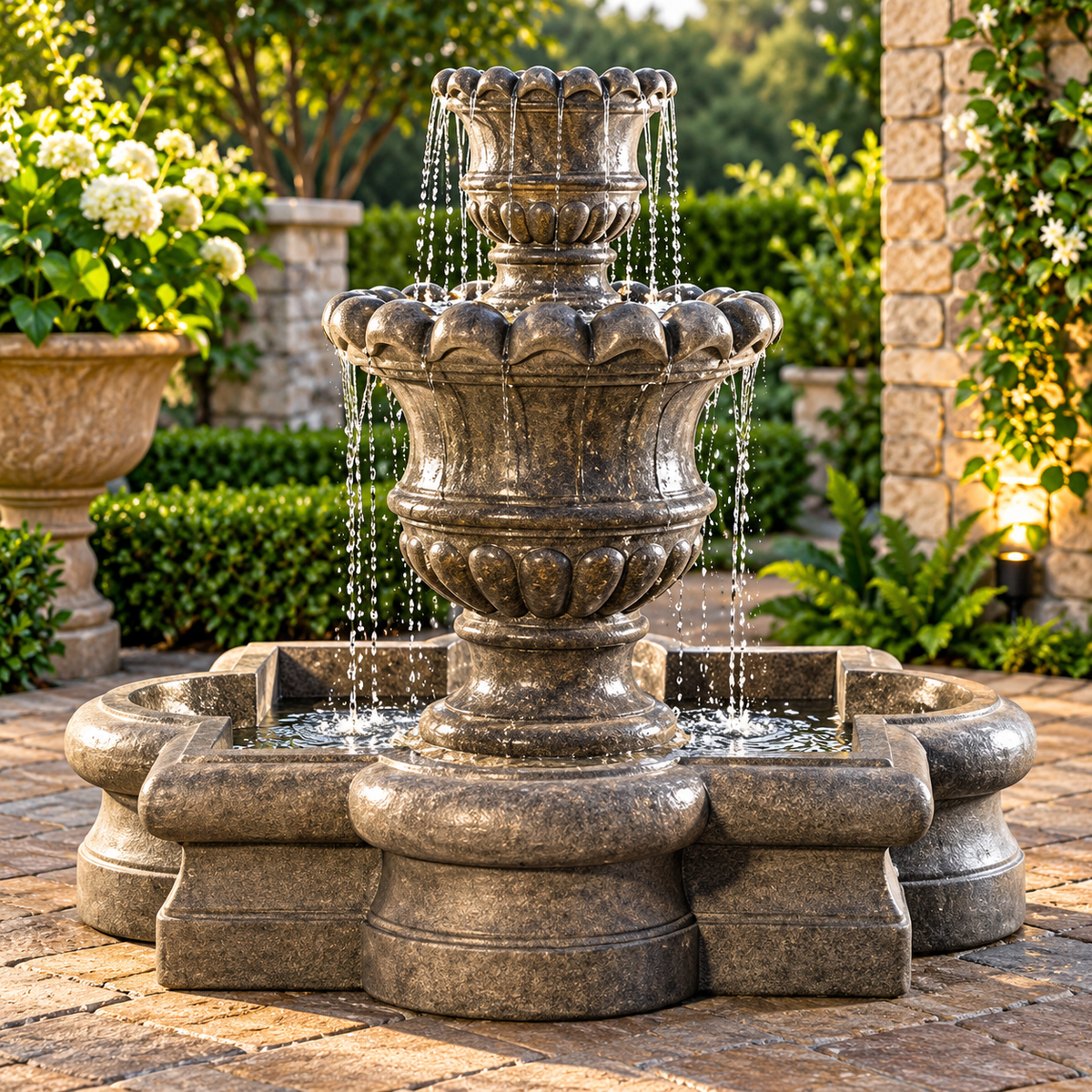 Fiore Scallop Urn Fountain w/Quatrefoil Basin