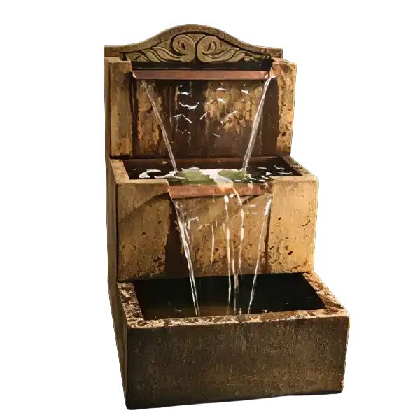 Fiore Tall Uccelli Fountain, two tier cast stone fountain with copper spillways