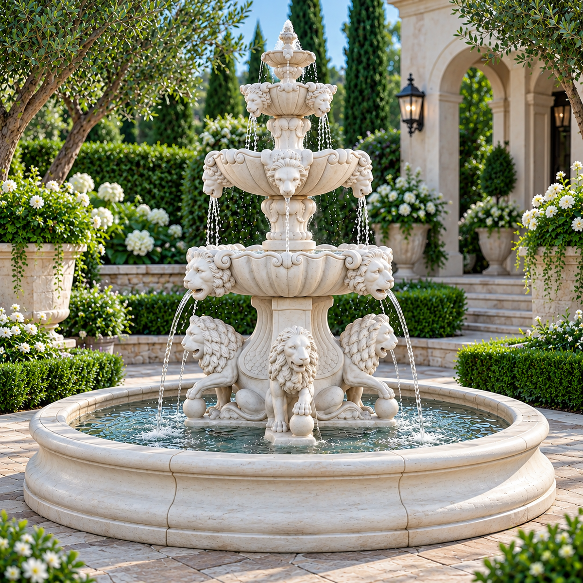 Fiore Lion Fountain, Extra Large with Lion Pedestal & Bowl Plumbed- Basin Extra