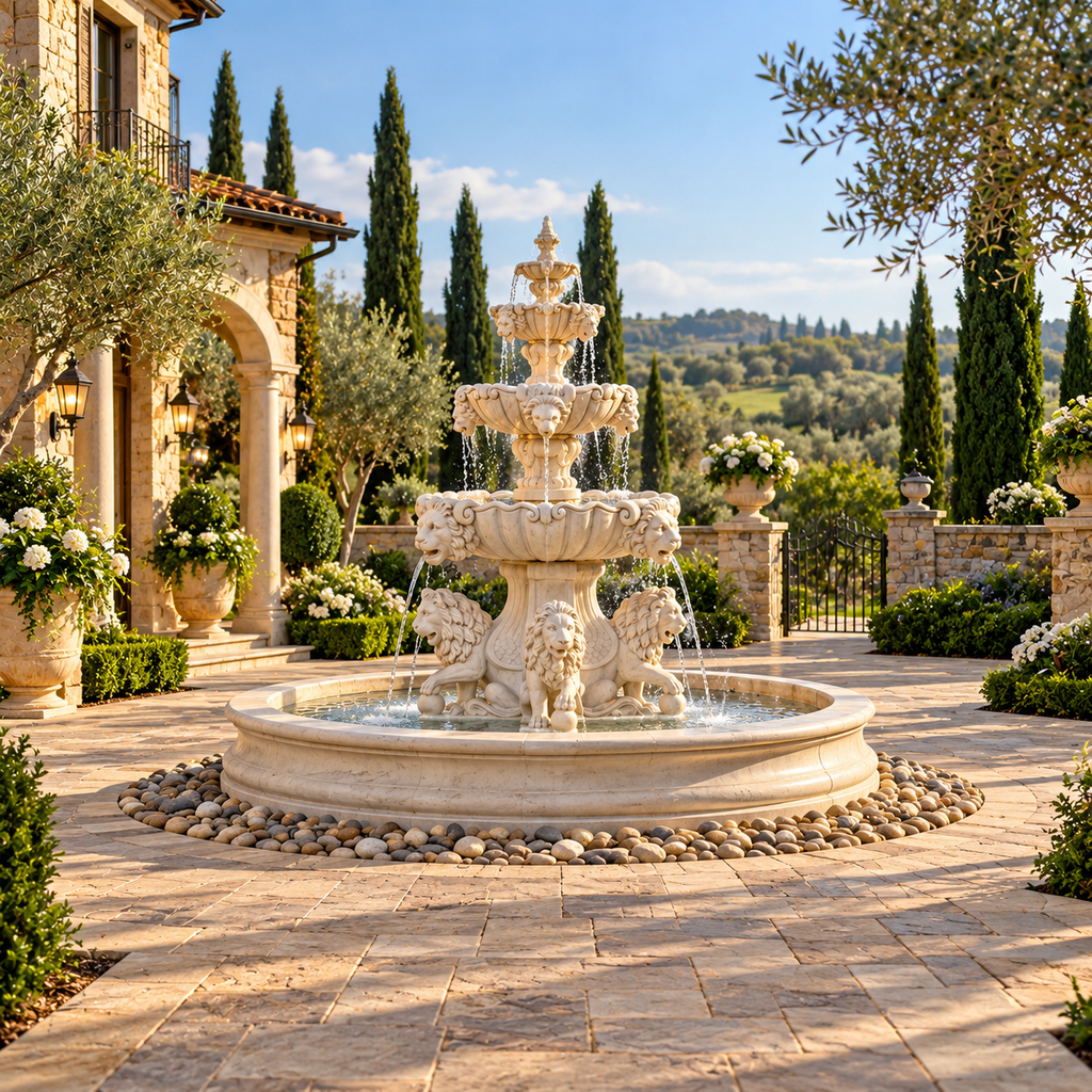 Fiore Lion Fountain, Extra Large with Lion Pedestal & Bowl Plumbed- Basin Extra