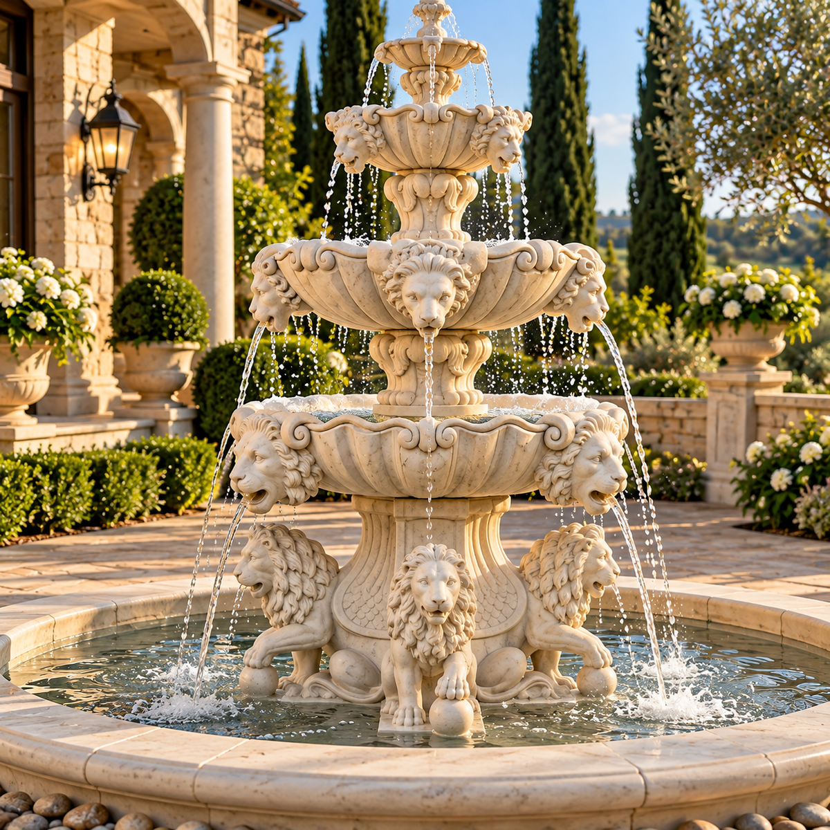 Fiore Lion Fountain, Extra Large with Lion Pedestal & Bowl Plumbed- Basin Extra