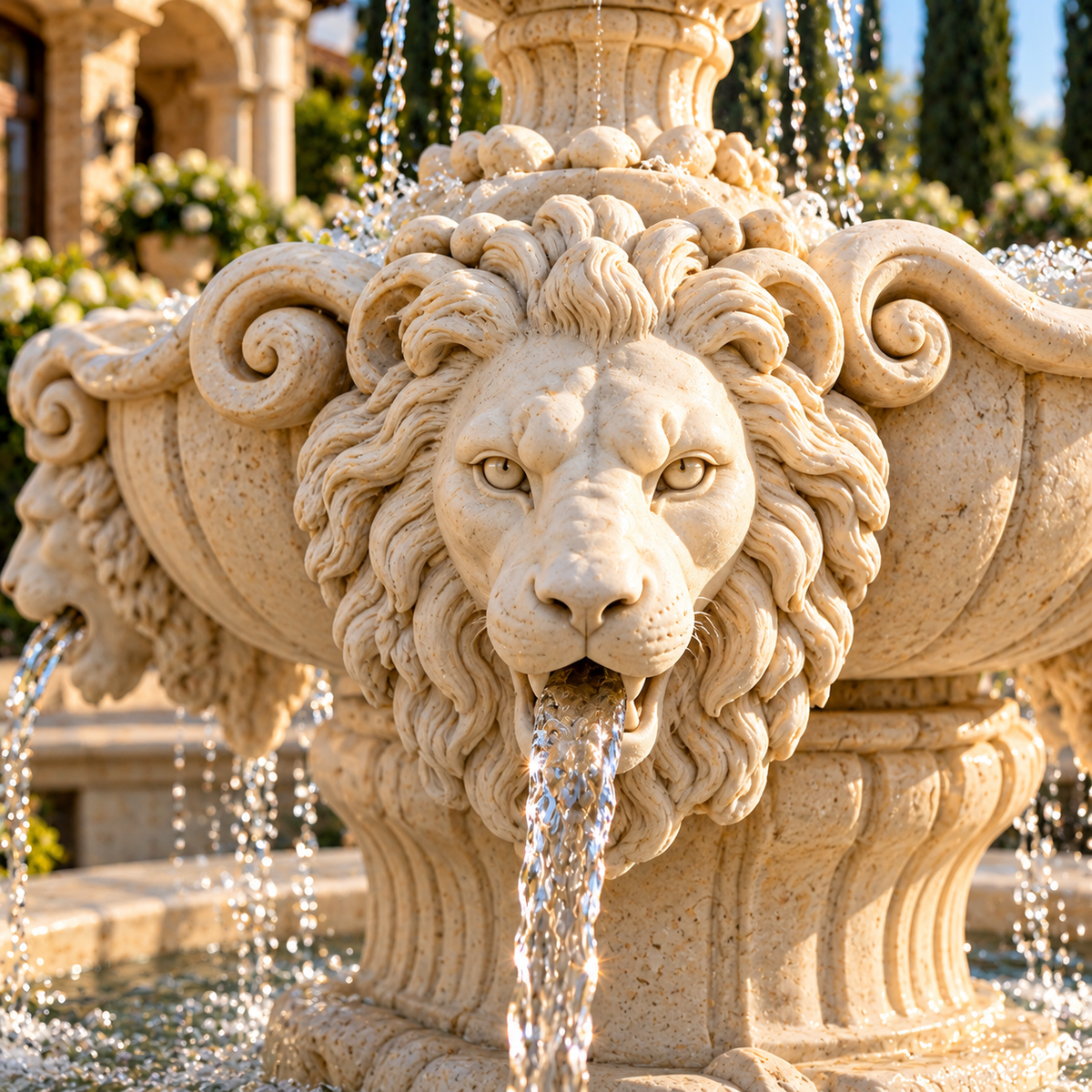 Fiore Lion Fountain, Extra Large with Lion Pedestal & Bowl Plumbed- Basin Extra