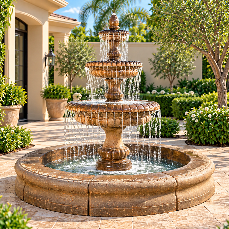 Fiore Three Tier Pioggia Fountain in Fiore Pond