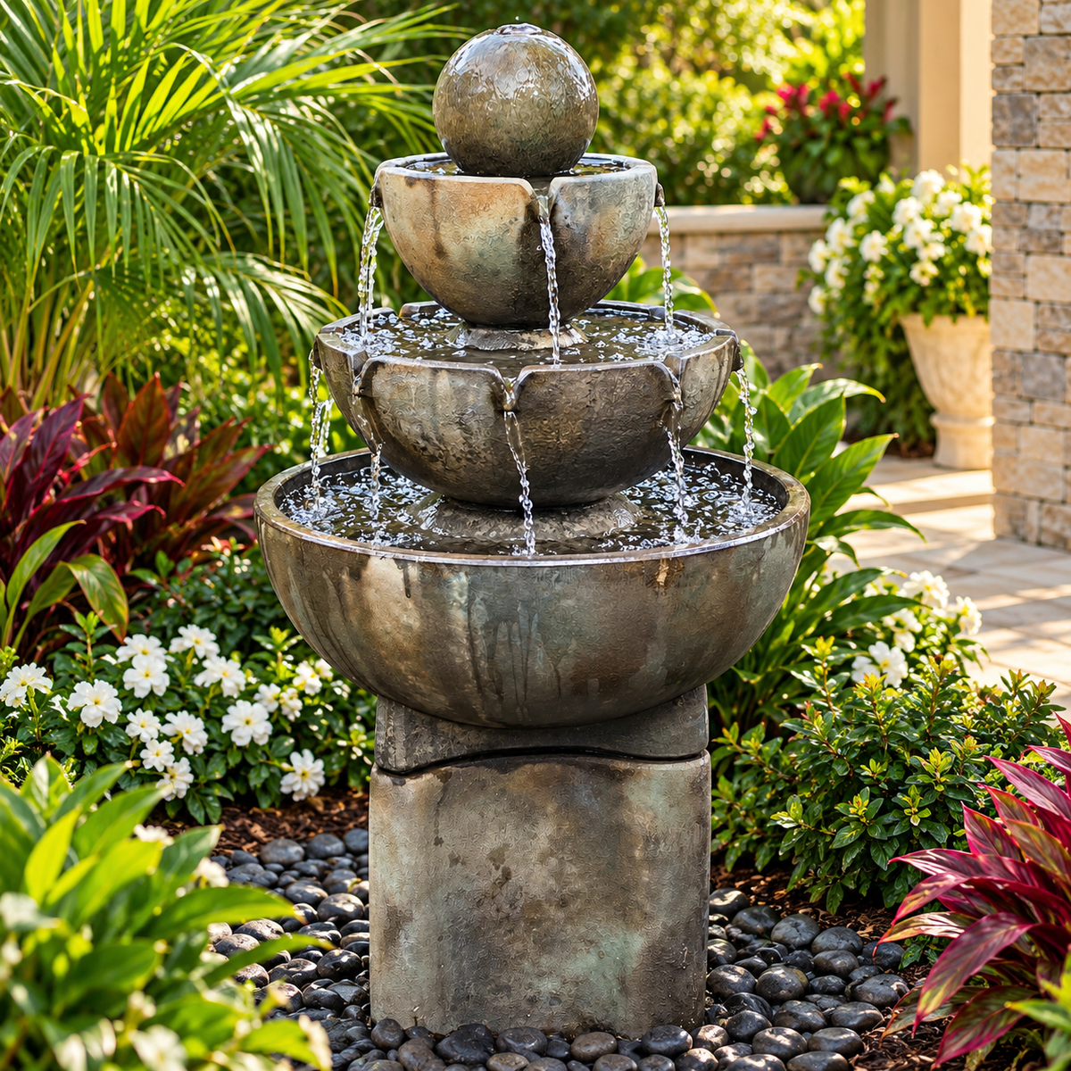 Henri Tall Stone Vessels Fountain on Pedestal