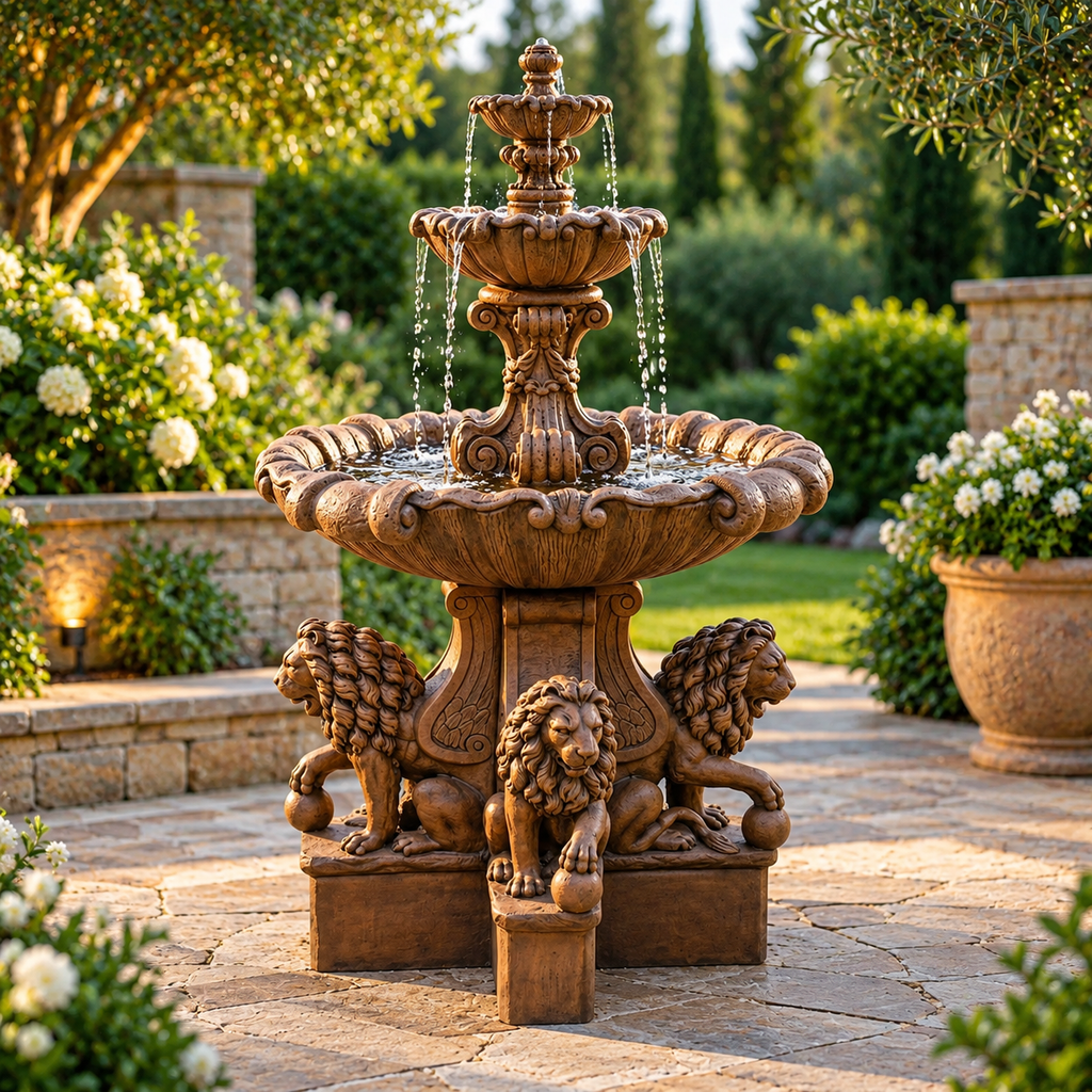 Fiore Extra Large Vesuvio Fountain w/Lion Pedestals (Plumbed)