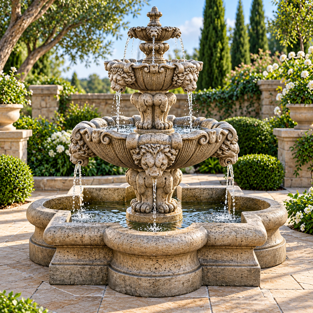 Fiore Courtyard Lion Fountain Quatrefoil Basin