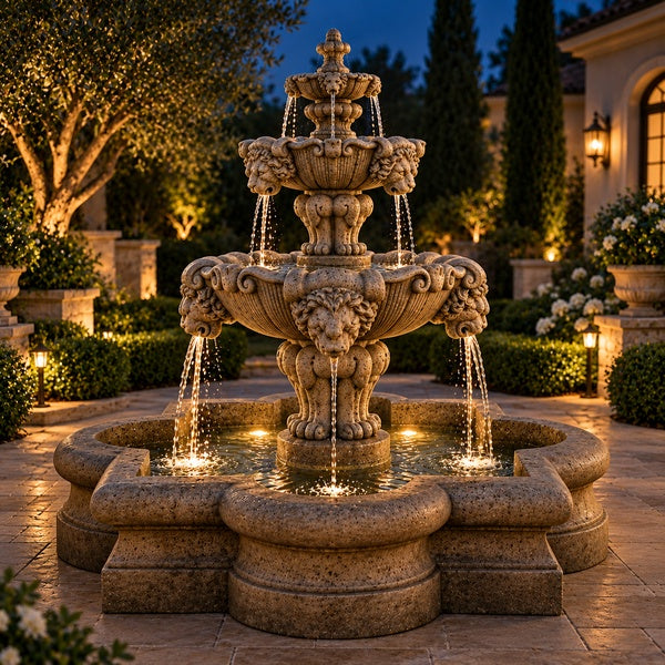 Fiore Courtyard Lion Fountain Quatrefoil Basin