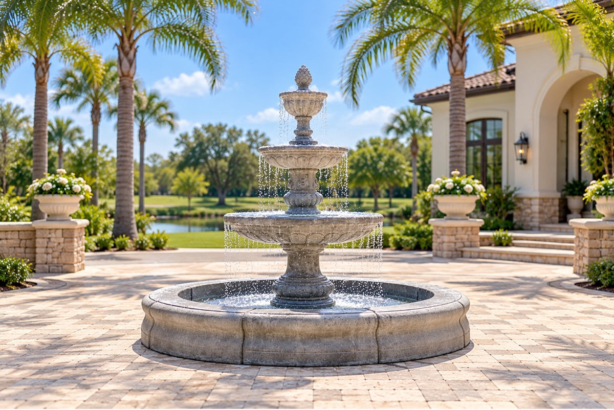 Fiore Mediterranean Fountain w/Plumbed Spacer & Fiore Pond (Black or Gray)