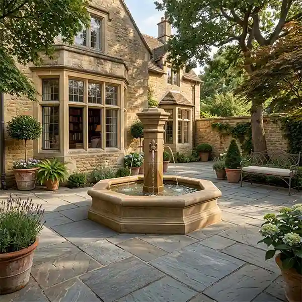 Courtyard quatrefoil basin fountain