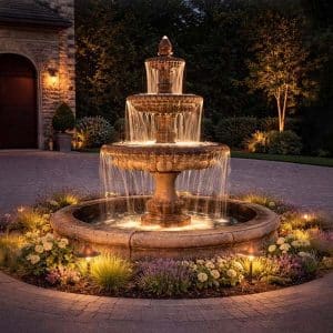 Fiore Three Tier Pioggia Fountain in Fiore Pond